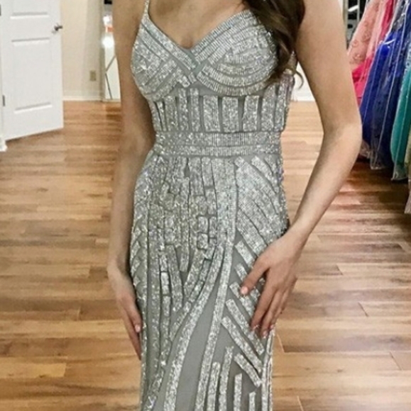 silver beaded prom dress
